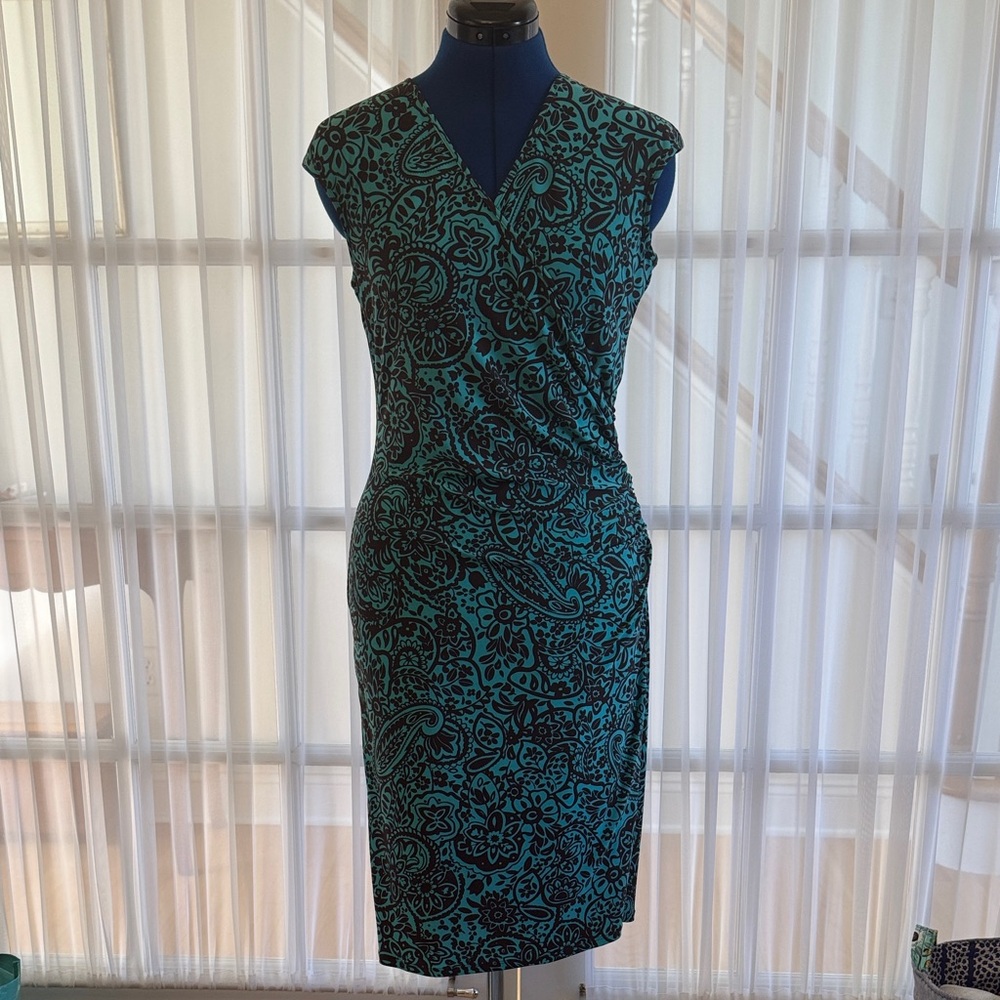 Chaps size M teal faux wrap dress with dark brown floral print. EUC